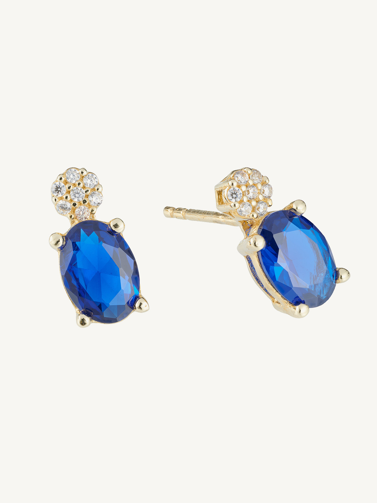 BRINCOS OVAL PEDRA AZUL E ZIRCÓNIA OURO 9K